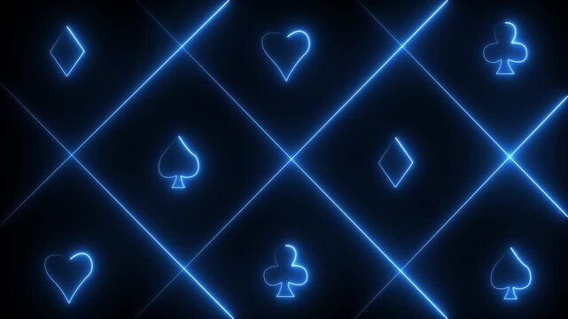 Neon glowing playing card suits and intersecting lines on a dark background hearts diamonds.4k motion graphics video