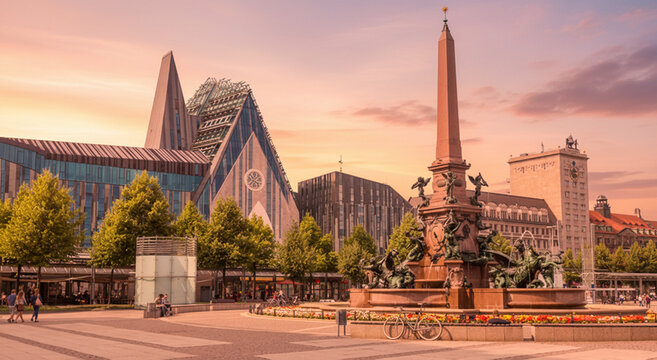 Leipzig at sunset The evening atmosphere at Augustusplatz Travel in East Germany