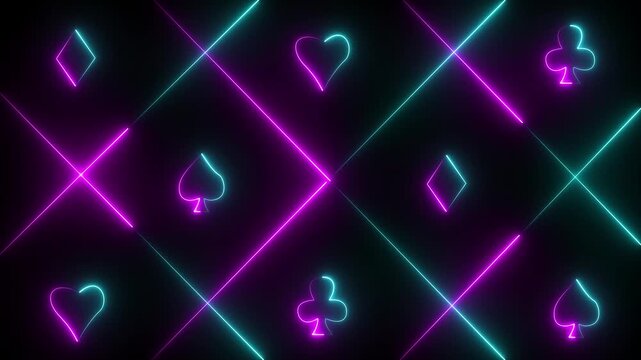 Neon glowing playing card suits and intersecting lines on a dark background hearts diamonds.4k motion graphics video