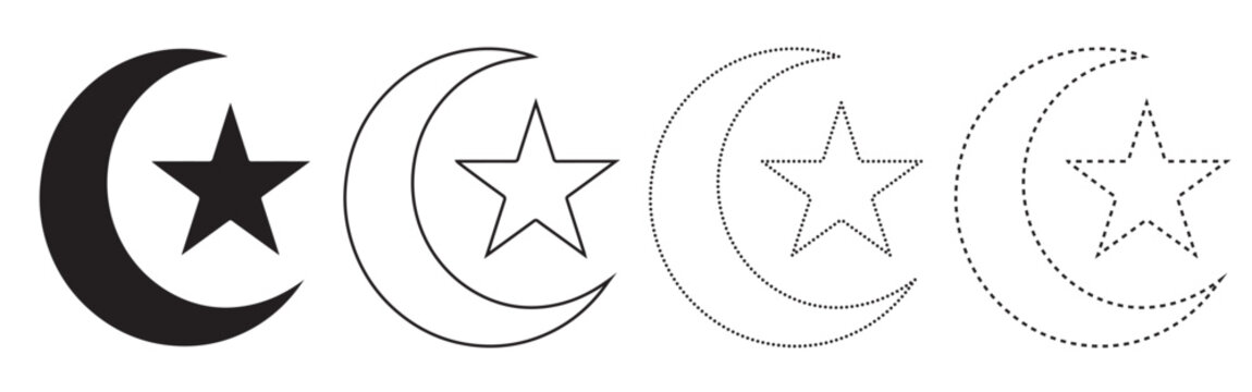 Four crescent moon and star symbols in a row from solid black to outline and dotted lines line art crescent religion celestial astronomy doodling