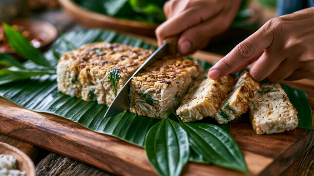 Tempeh block being sliced on a banana leaf in a humid kitchen, mycelium threads visible in cross section, rain soaked streets outside a cracked window, perfect for koji fermentation, fermented soy, 