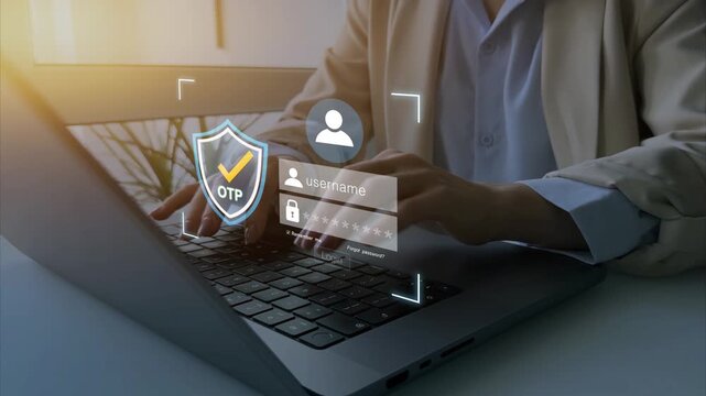 Cybersecurity, online banking protection, digital identity verification and safe access concept.User entering OTP code and password on laptop for secure login and account authentication. 