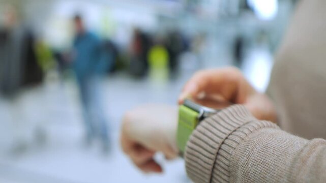 Hand checks smartwatch with green band. Blurred background shows indoor public space. Person wears beige sweater sleeve. Focus stays on wrist interaction. No animals or plants visible