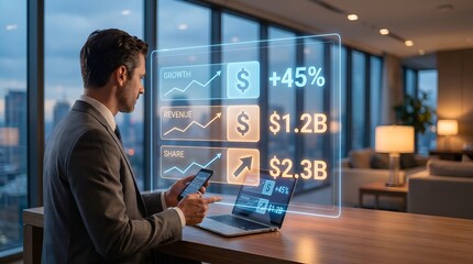 Obraz premium Financial Growth Dashboard with Revenue Analytics, Fintech Performance Metrics, Investment Growth Charts, Business Intelligence Data and Enterprise Finance Technology Interface