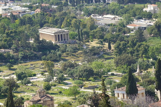 Panoramic view of the Temple of Hephaestus and the Ancient Agora of Athens, Greece, taken from the Acropolis Hill
