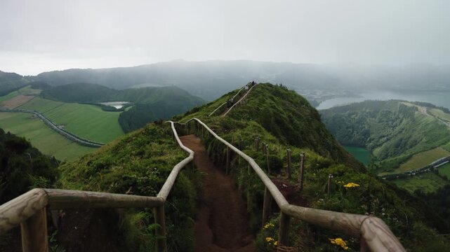 Cinematic Vista of the Boca do Inferno Hiking Trail Overlooking Sete Cidades Volcanic Crater, Azores