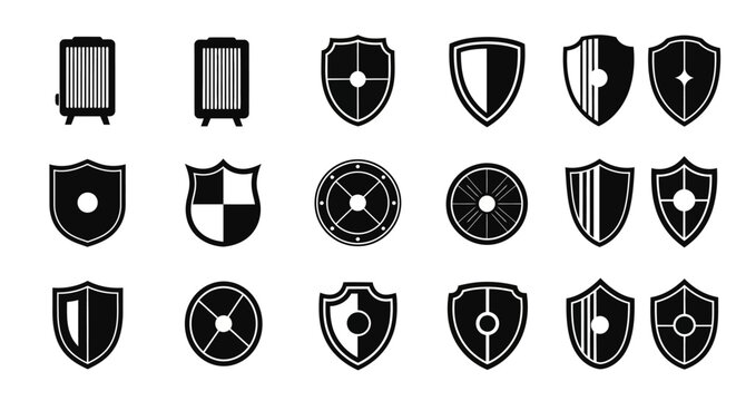 Collection of black and white shield icons and crests on a white background symbolizing protection and security