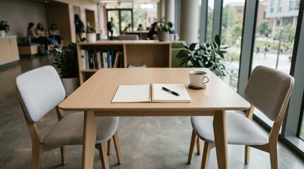 Obraz premium Wooden table set with notebook and coffee in lounge by window