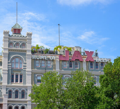 New Orleans, LA, USA - May 10, 2026: Side view of Jackson Brewery (Jax) building in the French Quarter