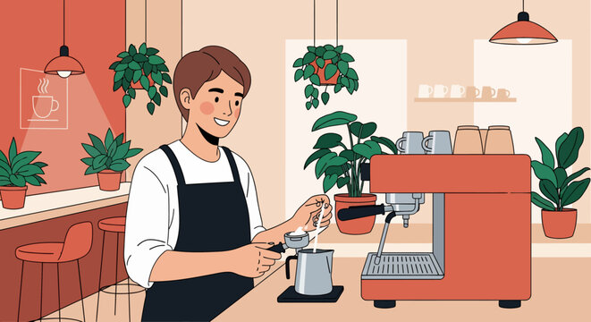 Barista preparing coffee with espresso machine and milk pitcher.