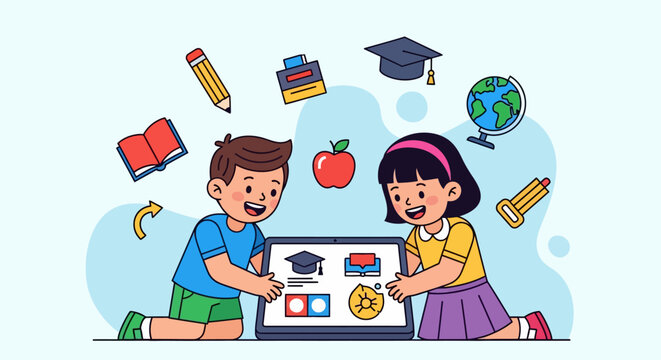 Children learning together with digital tablet and educational items.