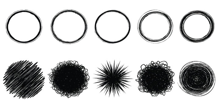 Set of black hand drawn circle shapes and scribbled round frames for design elements