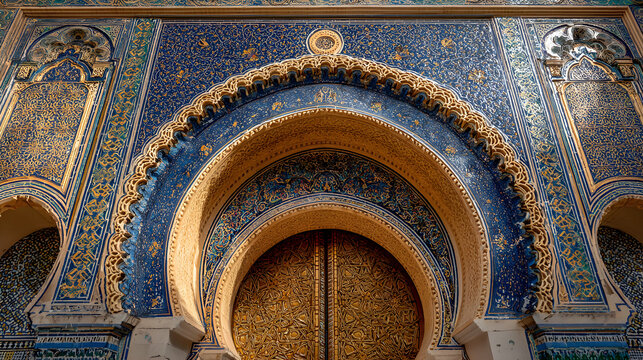 Intricate moroccan architecture featuring a golden door with ornate blue tilework and geometric patterns