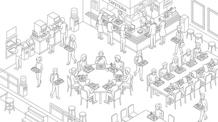Naklejka premium Isometric cafeteria interior with students eating lunch at tables and queuing for food service in a school dining hall vector