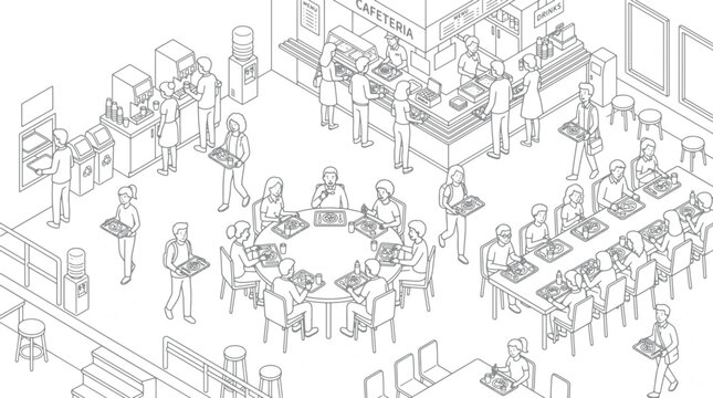 Isometric cafeteria interior with students eating lunch at tables and queuing for food service in a school dining hall vector