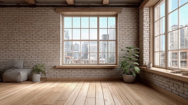 Spacious loft apartment with large windows overlooking a city skyline