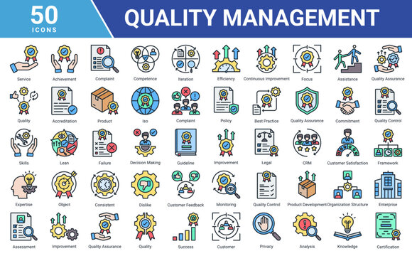 Quality Management icon set vector illustration featuring service,quality assurance,customer satisfaction,monitoring,certification,analysis,and business improvement concepts.