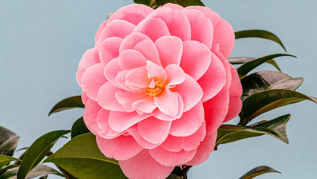 Flower blooms in bright pink in garden with green leaves against blue background on sunny day