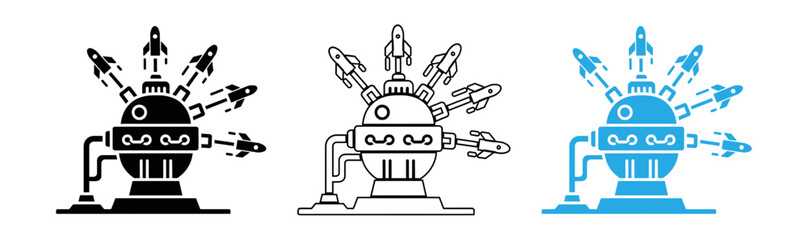 Robot space exploration icon set line art wireframe and solid blue styles © mstkabita