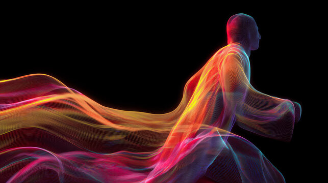 Creative digital man silhouette features vibrant glowing energy lines. Human figure made of colorful light represents technology innovation and future biohacking concept.