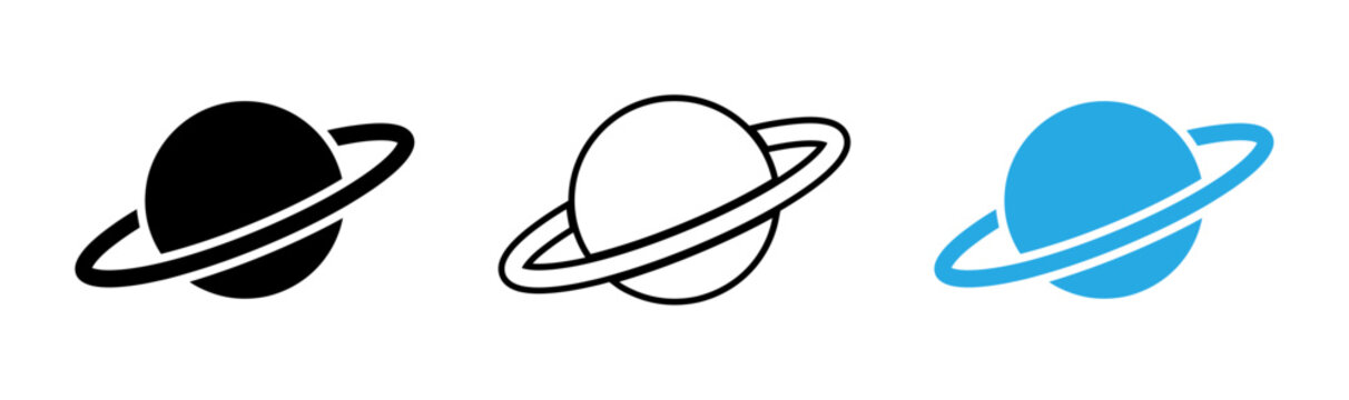 Planet saturn icon set black white and blue variations