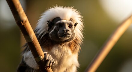 Fototapeta premium Tamarin monkey with white hair hanging.