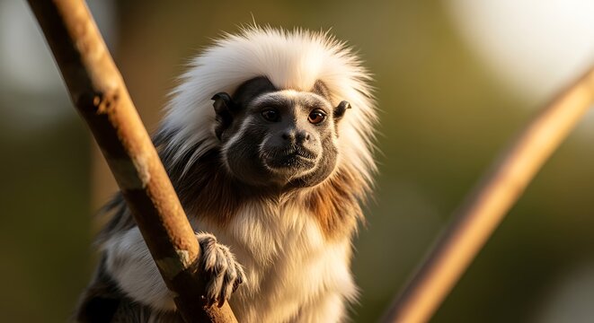 Tamarin monkey with white hair hanging.