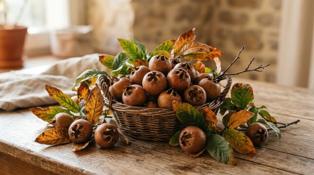 Basket of medlar fruits with autumn leaves on wooden table