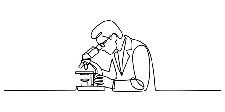 Continuous one line drawing of a scientist looking into a microscope