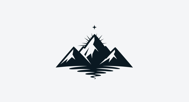 Mountain range logo with star and reflection in water adventure symbol