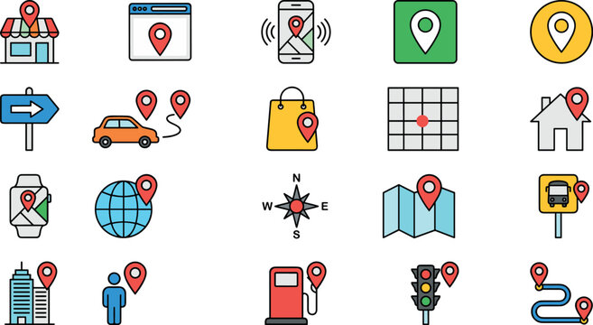Colorful location and map pin icon set featuring navigation store car home globe compass traffic road vector illustration collection