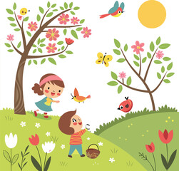 Fototapeta premium A lovely cartoon illustration of a little girl with an apple under a spring tree in a garden landscape featuring green grass, flowers, a bird, and a bunny under a summer sky