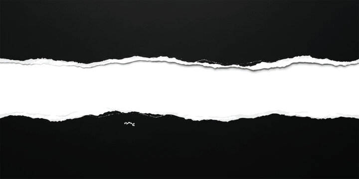 Black paper sheet torn in half with a wide horizontal gap for text copy space