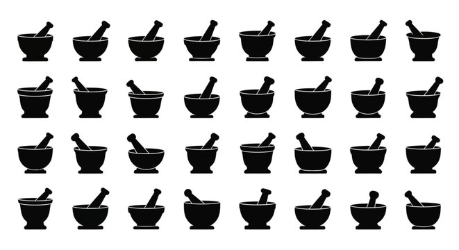 Multiple mortar and pestle icons in black silhouette on white background for pharmacy cooking or laboratory use