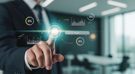 Fototapeta premium Businessman interacting with futuristic AI interface in office