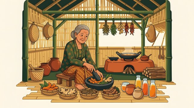 Authentic cultural vector illustration of Indonesian traditional herbal jamu drink preparation in a village kitchen
