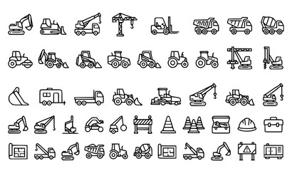 Construction Vehicle Thin Line Icon Set Excavators Cranes Dump Trucks Cement Mixers Vector © MdSakib