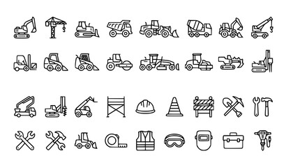 Heavy Construction Machinery Line Icon Collection Vector Excavator Crane Truck Set © MdSakib