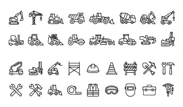 Heavy Construction Machinery Line Icon Collection Vector Excavator Crane Truck Set