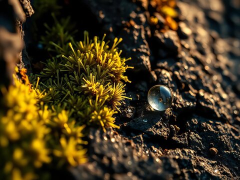 Velvet moss clinging to obsidian rock, microscopic crystalline dew drops catching scarce light,  obsidian,  mineral
