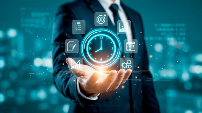 Mastering Time: A businessman presents an innovative concept, incorporating elements of strategic planning, aiming to convey the essence of time management.