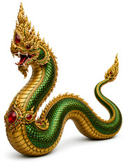 Fototapeta premium Majestic Golden and Green Thai Naga Serpent Statue Isolated on White Background