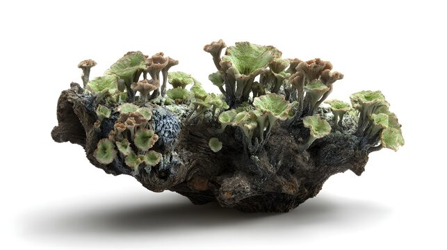 Green cup lichen Cladonia growing on aged tree bark isolated on white background for biology and nature education concept