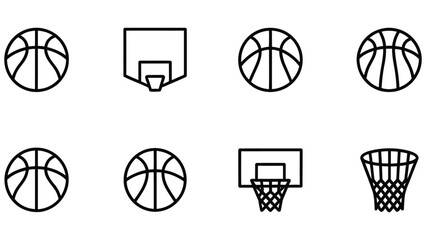 Collection of minimalist line art icons representing basketballs backboards and nets on a white background  sports graphic elements © Md