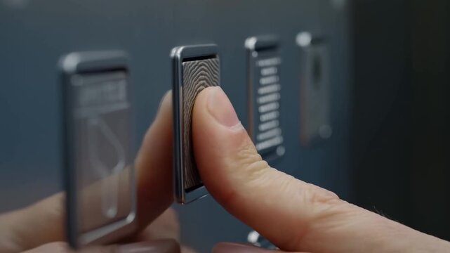 Closeup tracking slow motion shot of finger pressing fingerprint scanner on metal access panel inside elevator door