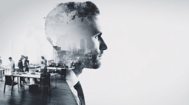 Creative Double Exposure of Startup Office with Businessman Silhouette and Digital Elements in Modern Workspace Setting