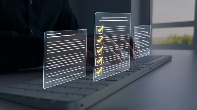 Business checklist and approval process with survey and certificate documents, verification, validation, audit, quality control and workflow management in modern office system concept for business