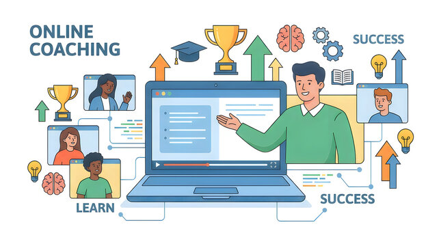 Online coaching session features a remote instructor presenting educational material to students through a virtual video conference.