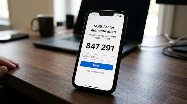Smartphone Screen Displaying Multi-Factor Authentication SMS OTP Code Verification UI with Enter Code Field and Verify Button, Mobile Security Cybersecurity Stock Photo