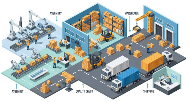 Modern Warehouse Logistics and Automated Factory Production Line.